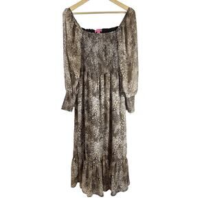 Betsey Johnson Brown Snakeskin Dress Smocked Long Sheer Sleeve Size Medium GUC